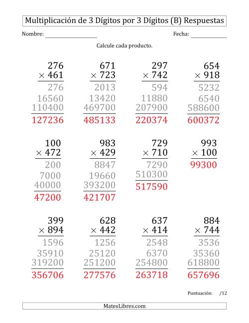 La hoja de ejercicios de Multiplicar Números de 3 Dígitos por 3 Dígitos (Formato Grande) (B) Página 2