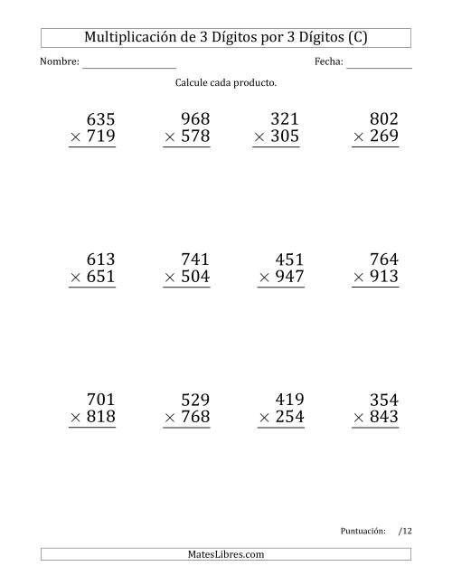 La hoja de ejercicios de Multiplicar Números de 3 Dígitos por 3 Dígitos (Formato Grande) (C)