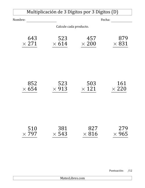 La hoja de ejercicios de Multiplicar Números de 3 Dígitos por 3 Dígitos (Formato Grande) (D)