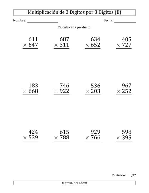 La hoja de ejercicios de Multiplicar Números de 3 Dígitos por 3 Dígitos (Formato Grande) (E)