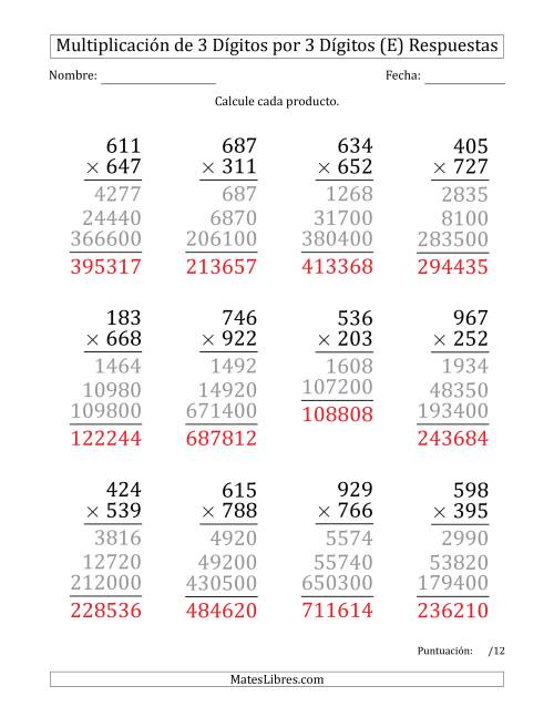 La hoja de ejercicios de Multiplicar Números de 3 Dígitos por 3 Dígitos (Formato Grande) (E) Página 2
