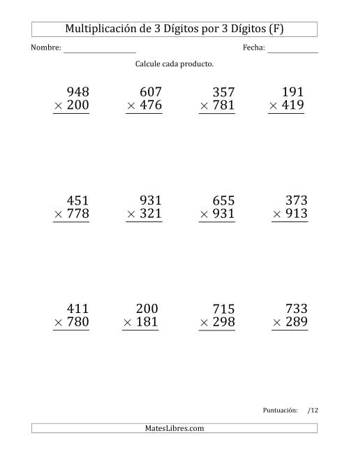 La hoja de ejercicios de Multiplicar Números de 3 Dígitos por 3 Dígitos (Formato Grande) (F)