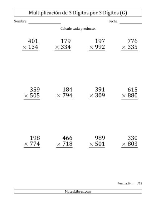 La hoja de ejercicios de Multiplicar Números de 3 Dígitos por 3 Dígitos (Formato Grande) (G)