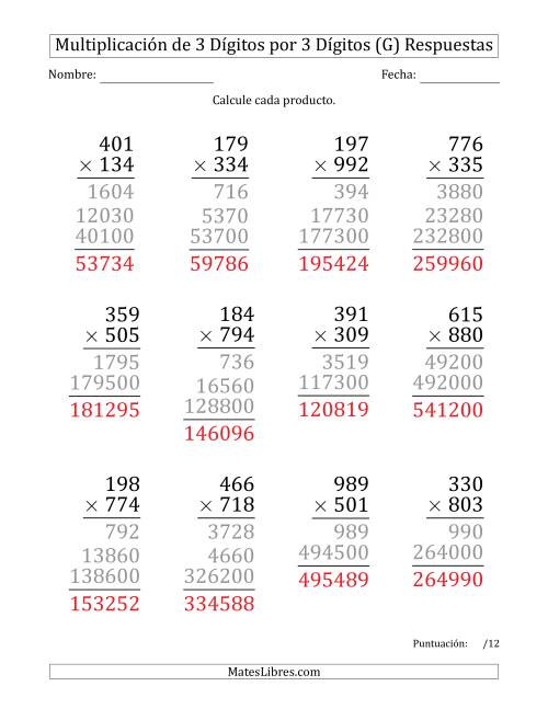 La hoja de ejercicios de Multiplicar Números de 3 Dígitos por 3 Dígitos (Formato Grande) (G) Página 2