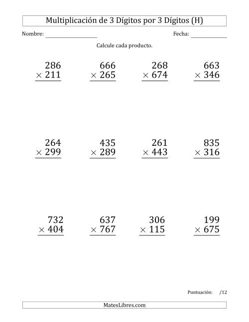 La hoja de ejercicios de Multiplicar Números de 3 Dígitos por 3 Dígitos (Formato Grande) (H)