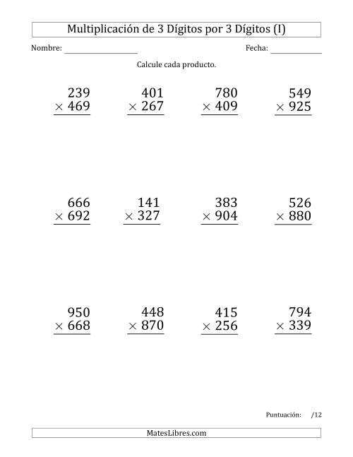 La hoja de ejercicios de Multiplicar Números de 3 Dígitos por 3 Dígitos (Formato Grande) (I)