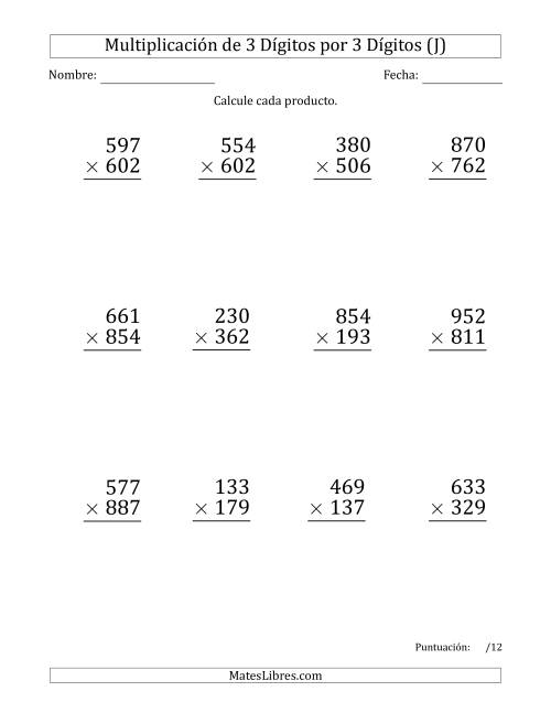 La hoja de ejercicios de Multiplicar Números de 3 Dígitos por 3 Dígitos (Formato Grande) (J)