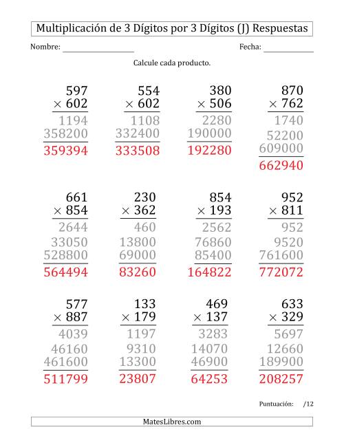 La hoja de ejercicios de Multiplicar Números de 3 Dígitos por 3 Dígitos (Formato Grande) (J) Página 2