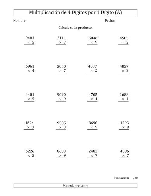 La hoja de ejercicios de Multiplicar Números de 4 Dígitos por 1 Dígito (A)