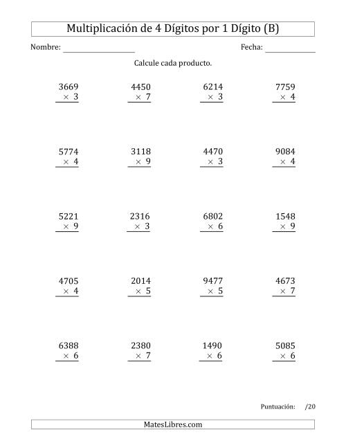 La hoja de ejercicios de Multiplicar Números de 4 Dígitos por 1 Dígito (B)