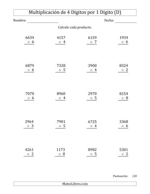 La hoja de ejercicios de Multiplicar Números de 4 Dígitos por 1 Dígito (D)