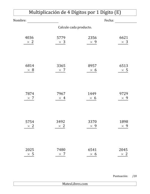 La hoja de ejercicios de Multiplicar Números de 4 Dígitos por 1 Dígito (E)