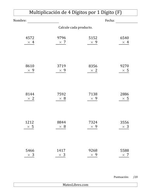 La hoja de ejercicios de Multiplicar Números de 4 Dígitos por 1 Dígito (F)
