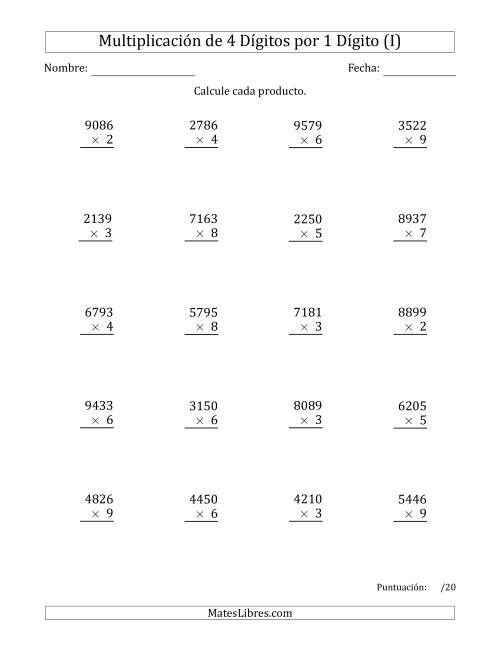 La hoja de ejercicios de Multiplicar Números de 4 Dígitos por 1 Dígito (I)