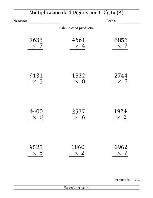 La hoja de ejercicios de Multiplicar Números de 4 Dígitos por 1 Dígito (Formato Grande) (A)