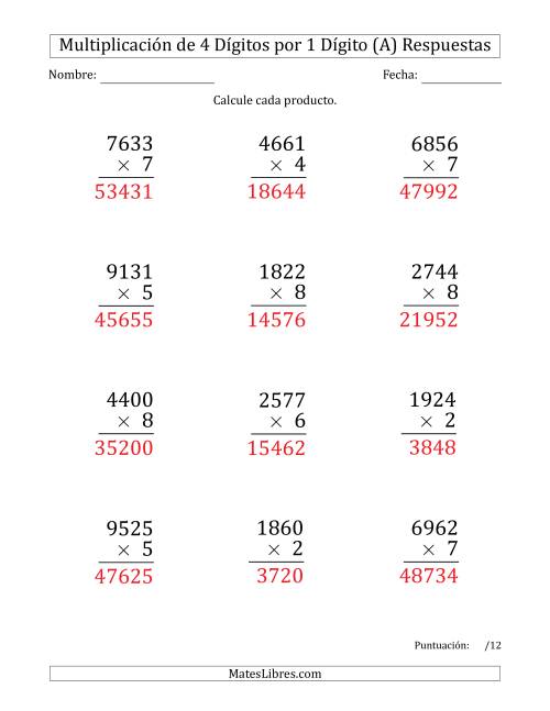 La hoja de ejercicios de Multiplicar Números de 4 Dígitos por 1 Dígito (Formato Grande) (A) Página 2