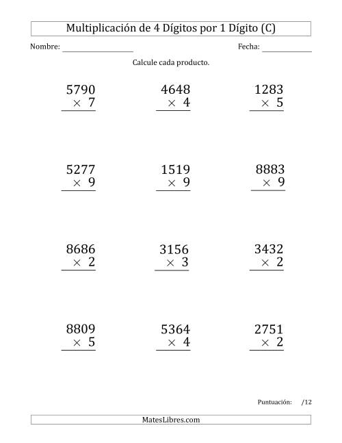 La hoja de ejercicios de Multiplicar Números de 4 Dígitos por 1 Dígito (Formato Grande) (C)