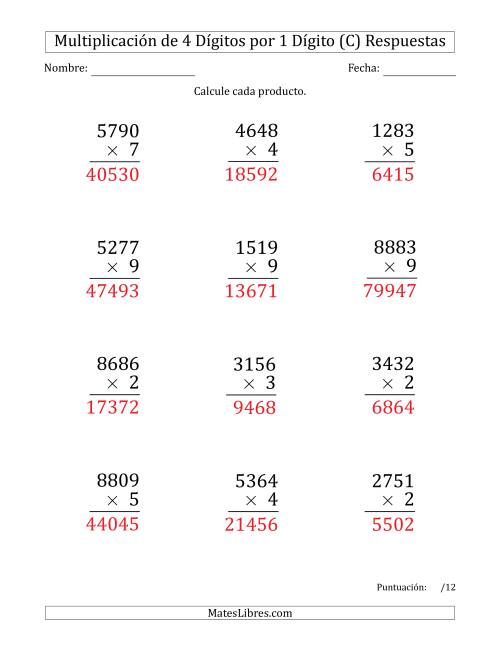 La hoja de ejercicios de Multiplicar Números de 4 Dígitos por 1 Dígito (Formato Grande) (C) Página 2