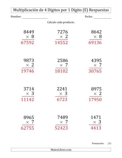 La hoja de ejercicios de Multiplicar Números de 4 Dígitos por 1 Dígito (Formato Grande) (E) Página 2
