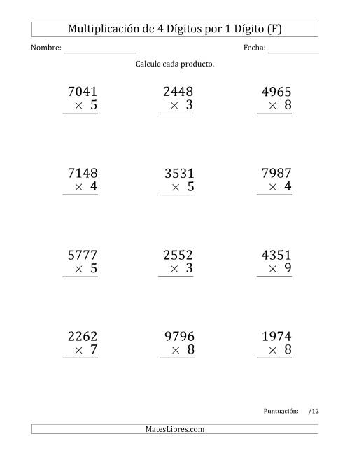 La hoja de ejercicios de Multiplicar Números de 4 Dígitos por 1 Dígito (Formato Grande) (F)