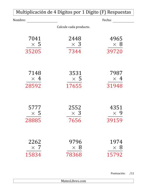 La hoja de ejercicios de Multiplicar Números de 4 Dígitos por 1 Dígito (Formato Grande) (F) Página 2