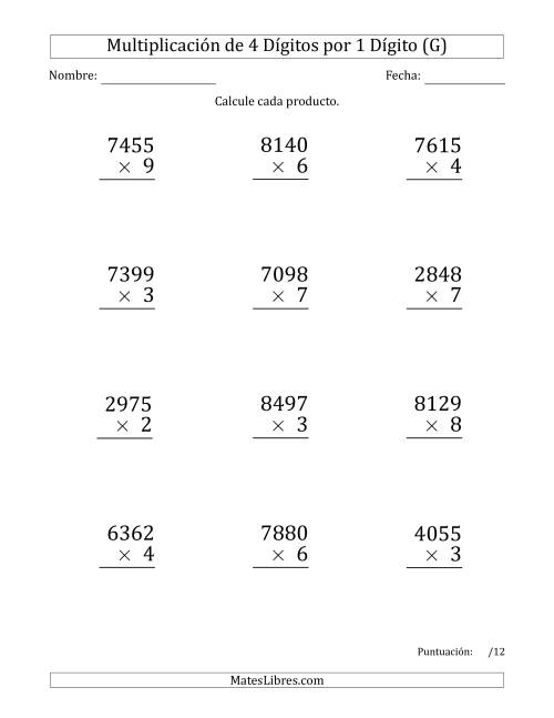 La hoja de ejercicios de Multiplicar Números de 4 Dígitos por 1 Dígito (Formato Grande) (G)