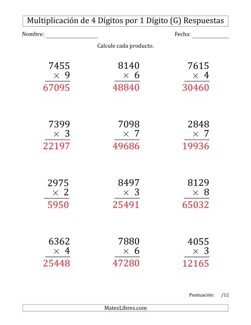 La hoja de ejercicios de Multiplicar Números de 4 Dígitos por 1 Dígito (Formato Grande) (G) Página 2