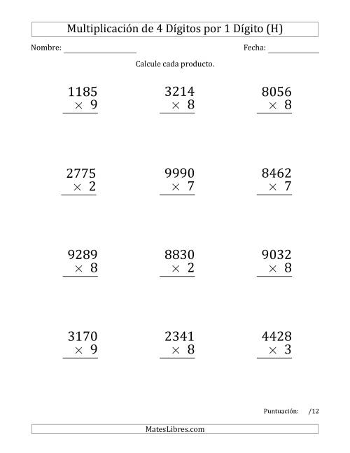 La hoja de ejercicios de Multiplicar Números de 4 Dígitos por 1 Dígito (Formato Grande) (H)