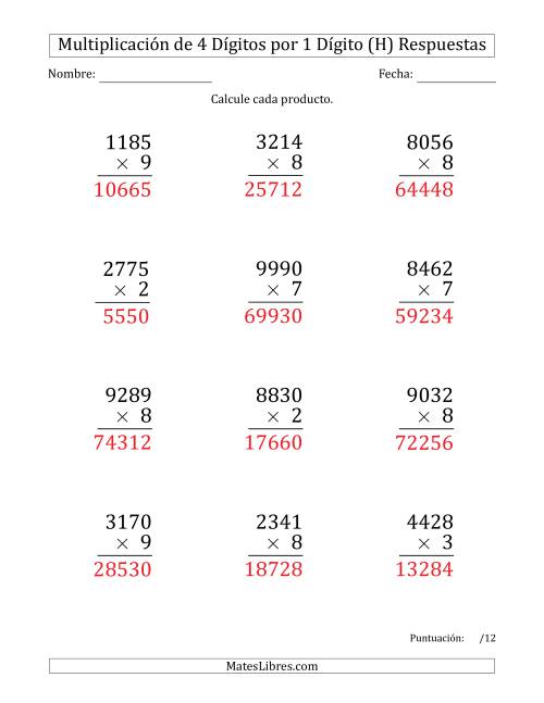 La hoja de ejercicios de Multiplicar Números de 4 Dígitos por 1 Dígito (Formato Grande) (H) Página 2