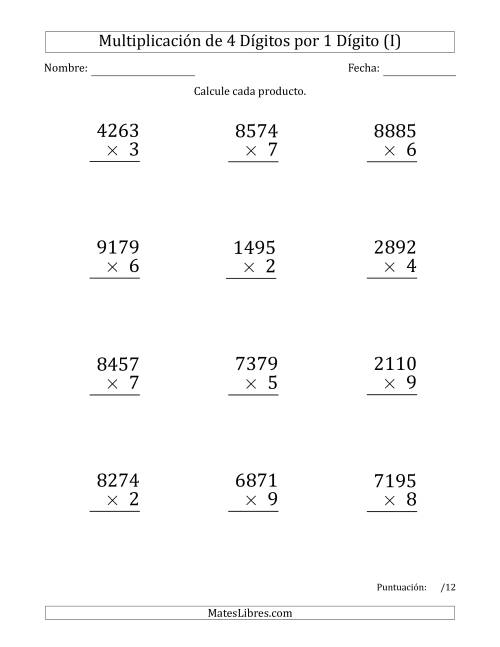 La hoja de ejercicios de Multiplicar Números de 4 Dígitos por 1 Dígito (Formato Grande) (I)