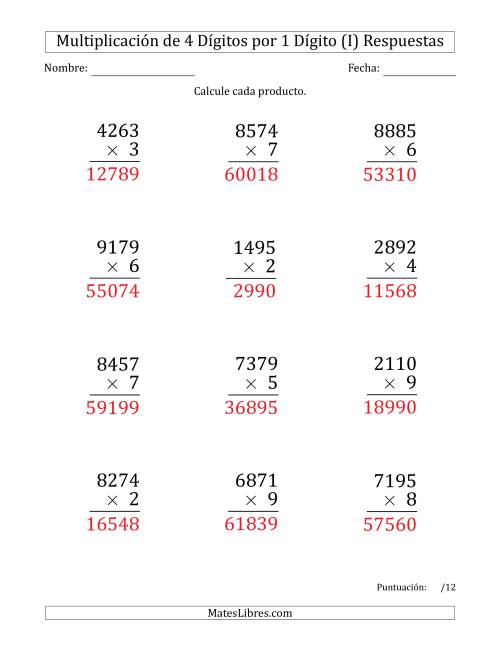 La hoja de ejercicios de Multiplicar Números de 4 Dígitos por 1 Dígito (Formato Grande) (I) Página 2
