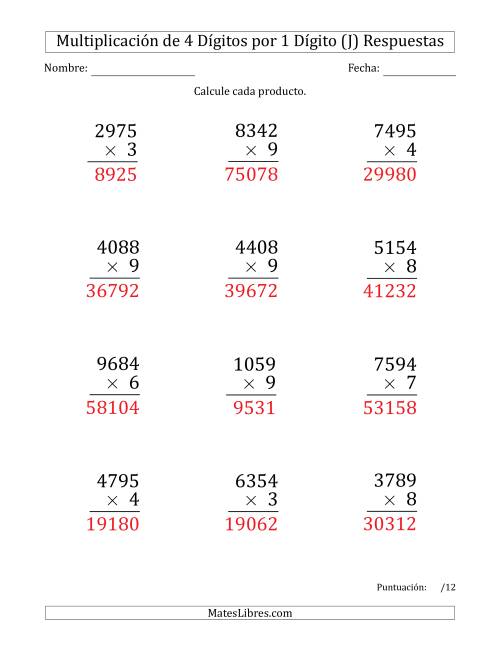 La hoja de ejercicios de Multiplicar Números de 4 Dígitos por 1 Dígito (Formato Grande) (J) Página 2