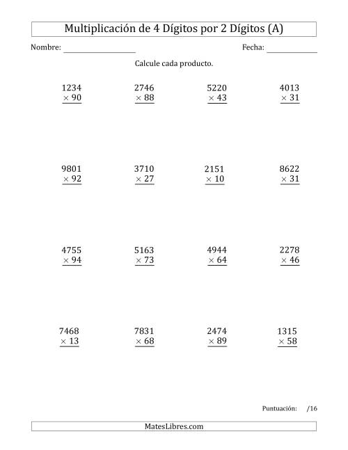 La hoja de ejercicios de Multiplicar Números de 4 Dígitos por 2 Dígitos (A)
