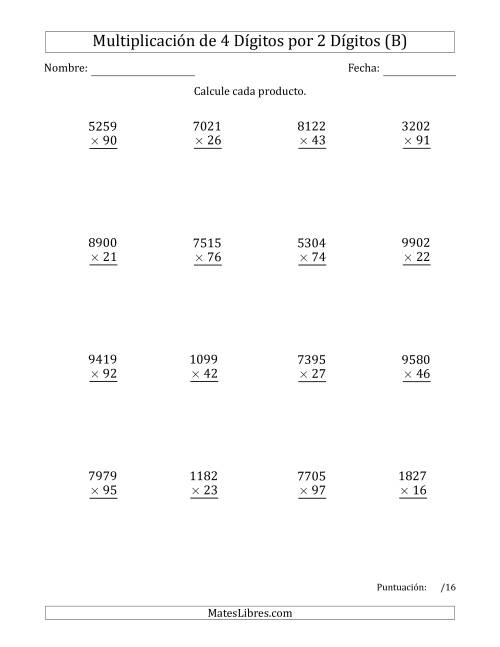 La hoja de ejercicios de Multiplicar Números de 4 Dígitos por 2 Dígitos (B)