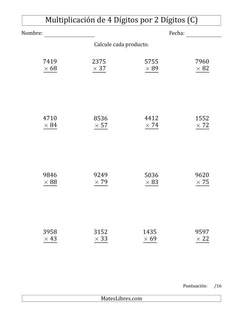 La hoja de ejercicios de Multiplicar Números de 4 Dígitos por 2 Dígitos (C)