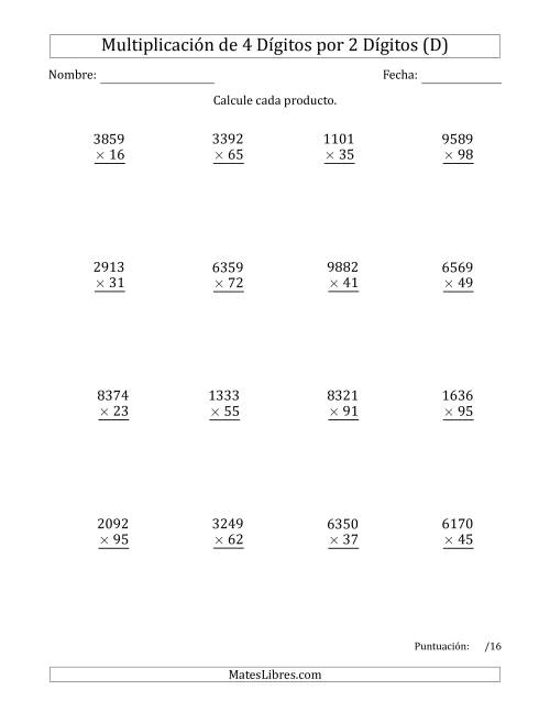 La hoja de ejercicios de Multiplicar Números de 4 Dígitos por 2 Dígitos (D)