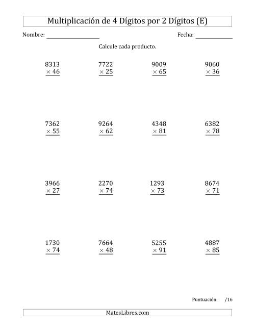 La hoja de ejercicios de Multiplicar Números de 4 Dígitos por 2 Dígitos (E)