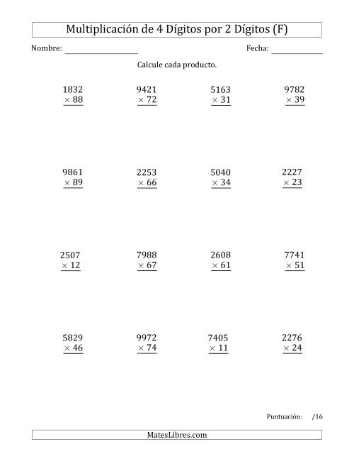 La hoja de ejercicios de Multiplicar Números de 4 Dígitos por 2 Dígitos (F)