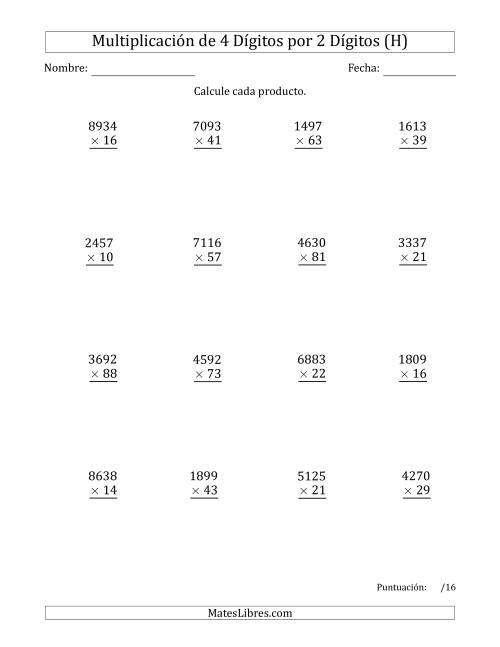 La hoja de ejercicios de Multiplicar Números de 4 Dígitos por 2 Dígitos (H)