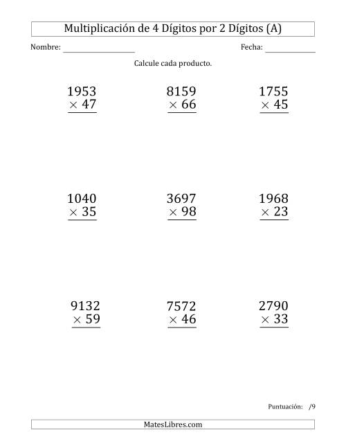 La hoja de ejercicios de Multiplicar Números de 4 Dígitos por 2 Dígitos (Formato Grande) (A)