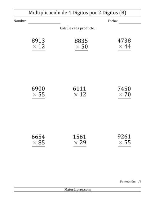 La hoja de ejercicios de Multiplicar Números de 4 Dígitos por 2 Dígitos (Formato Grande) (B)