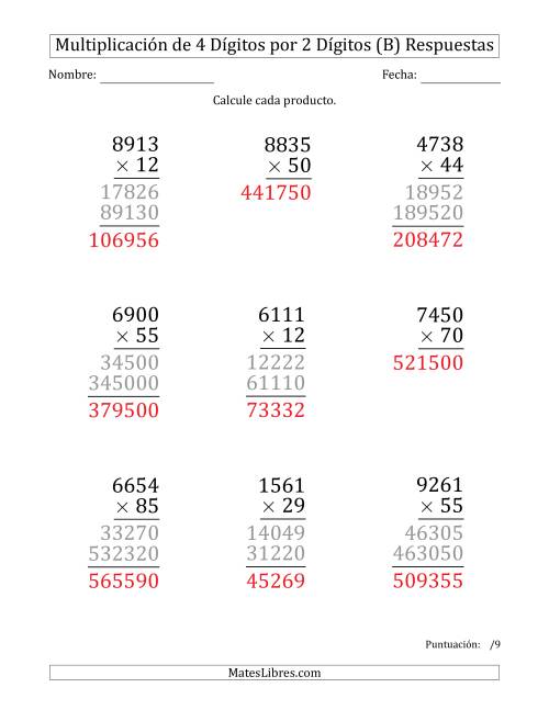 La hoja de ejercicios de Multiplicar Números de 4 Dígitos por 2 Dígitos (Formato Grande) (B) Página 2