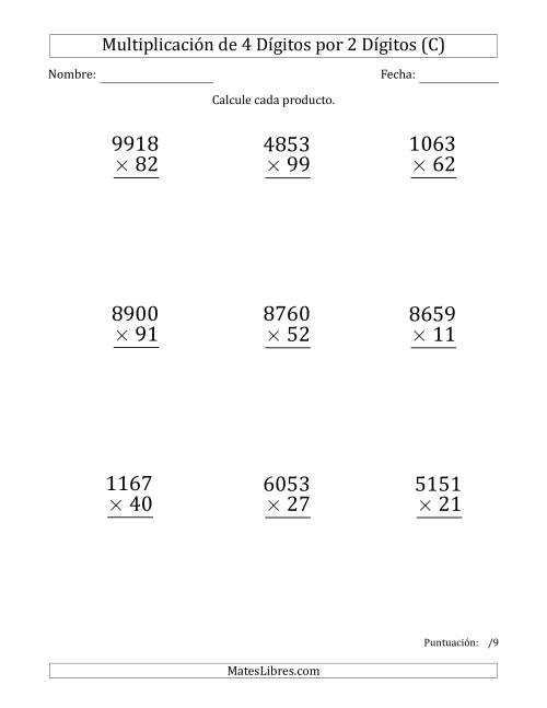 La hoja de ejercicios de Multiplicar Números de 4 Dígitos por 2 Dígitos (Formato Grande) (C)
