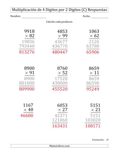 La hoja de ejercicios de Multiplicar Números de 4 Dígitos por 2 Dígitos (Formato Grande) (C) Página 2