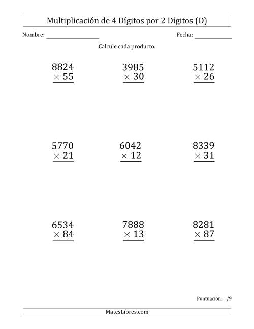 La hoja de ejercicios de Multiplicar Números de 4 Dígitos por 2 Dígitos (Formato Grande) (D)