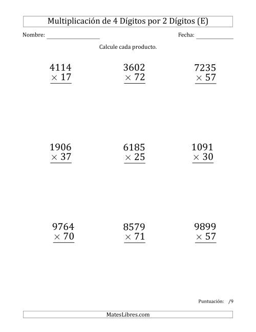 La hoja de ejercicios de Multiplicar Números de 4 Dígitos por 2 Dígitos (Formato Grande) (E)