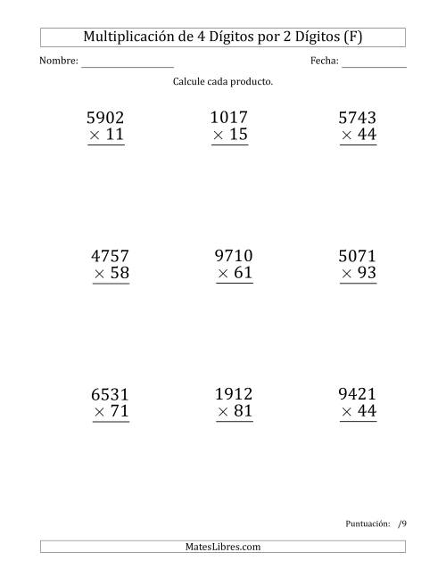 La hoja de ejercicios de Multiplicar Números de 4 Dígitos por 2 Dígitos (Formato Grande) (F)