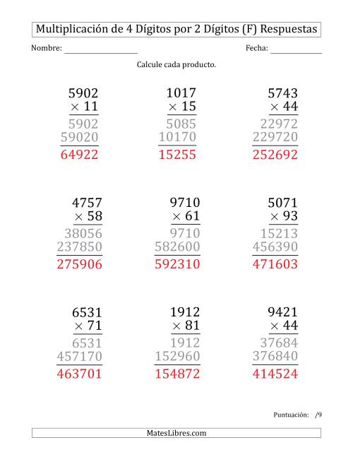 La hoja de ejercicios de Multiplicar Números de 4 Dígitos por 2 Dígitos (Formato Grande) (F) Página 2