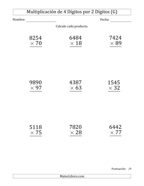 La hoja de ejercicios de Multiplicar Números de 4 Dígitos por 2 Dígitos (Formato Grande) (G)