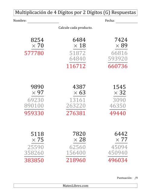 La hoja de ejercicios de Multiplicar Números de 4 Dígitos por 2 Dígitos (Formato Grande) (G) Página 2